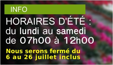 Horaires d'&eacute;t&eacute; : du lundi au samedi de 7h00 &agrave; 12h00, nous serons ferm&eacute; du 6 au 26 juillet inclus.